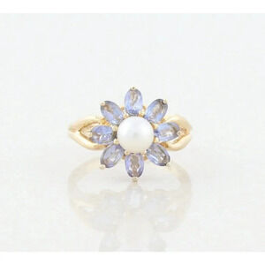 14k Yellow Gold Natural Purple Tanzanite and Pearl Flower Ring Size 8 1/4